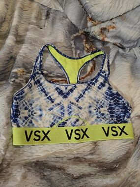 VSX Blue Tie-Dye Sports Bra with Neon Lime Band